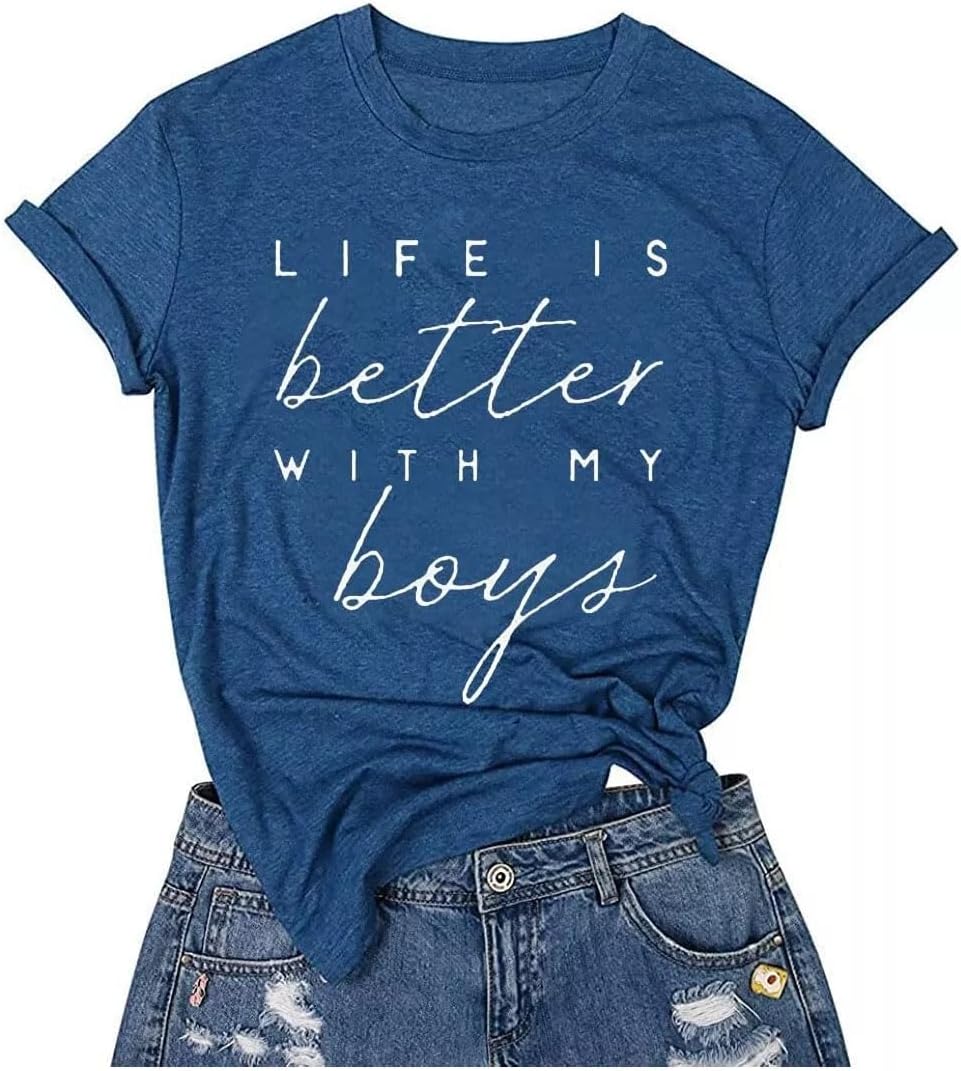 Boy Mom Tee Shirt for Women Short Sleeve Letter Printed Graphic Mom Gifts Tee Shirts