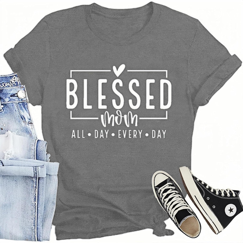 CQF Women Mom Shirt Blessed Mom All Day Every Day Letter Print T-Shirt Best Mama Tee Tops