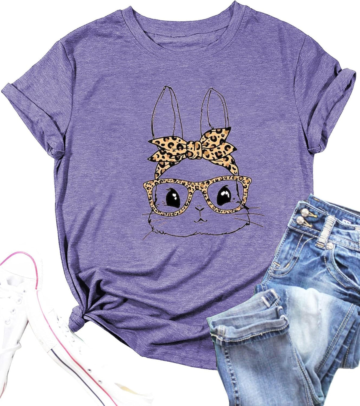 Bunny with Leopard Glasses Shirts for Women Cute Easter Graphic T Shirt Casual Spring Tops Comfortable Tee