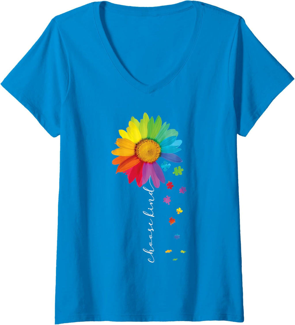 Womens Choose Kind Autism Awareness Rainbow Sunflower Warrior Gifts V-Neck