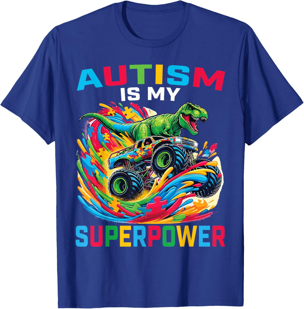 Autism Is My Superpower Dino T Rex Monster Truck Kids Boys