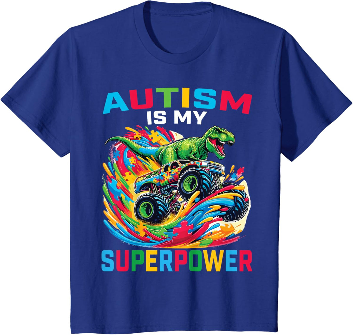 Autism Is My Superpower Dino T Rex Monster Truck Kids Boys