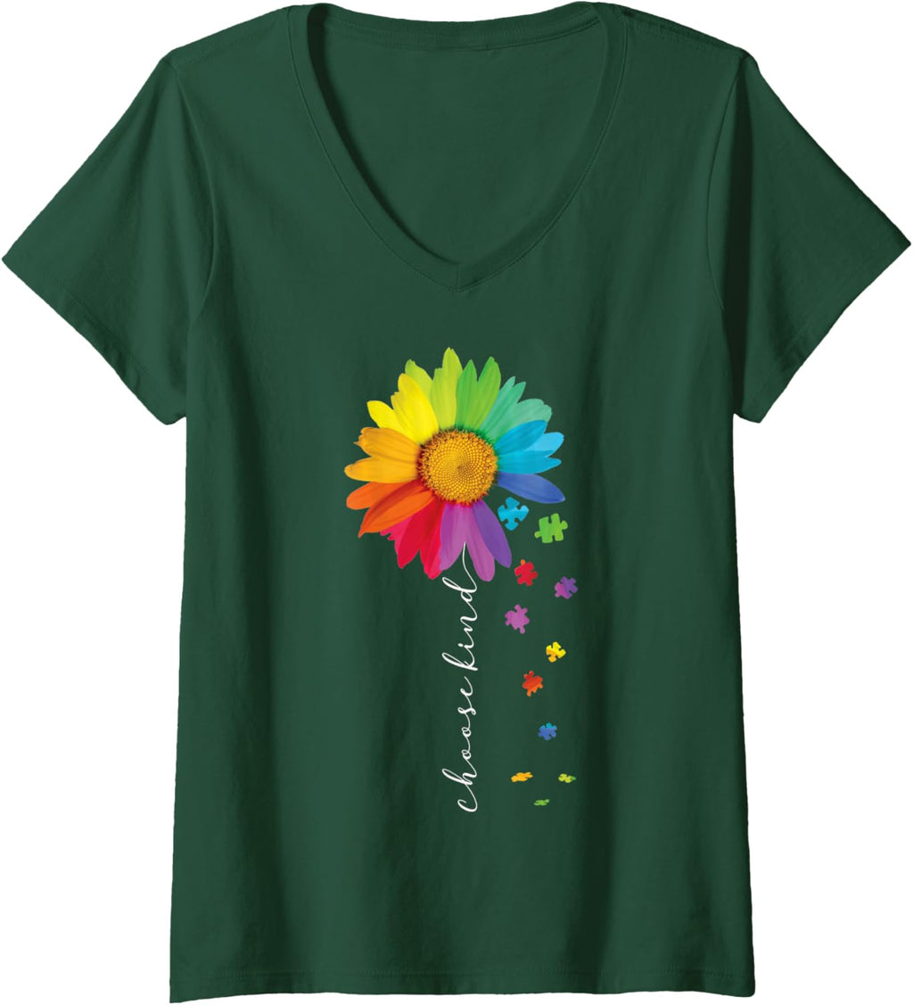 Womens Choose Kind Autism Awareness Rainbow Sunflower Warrior Gifts V-Neck