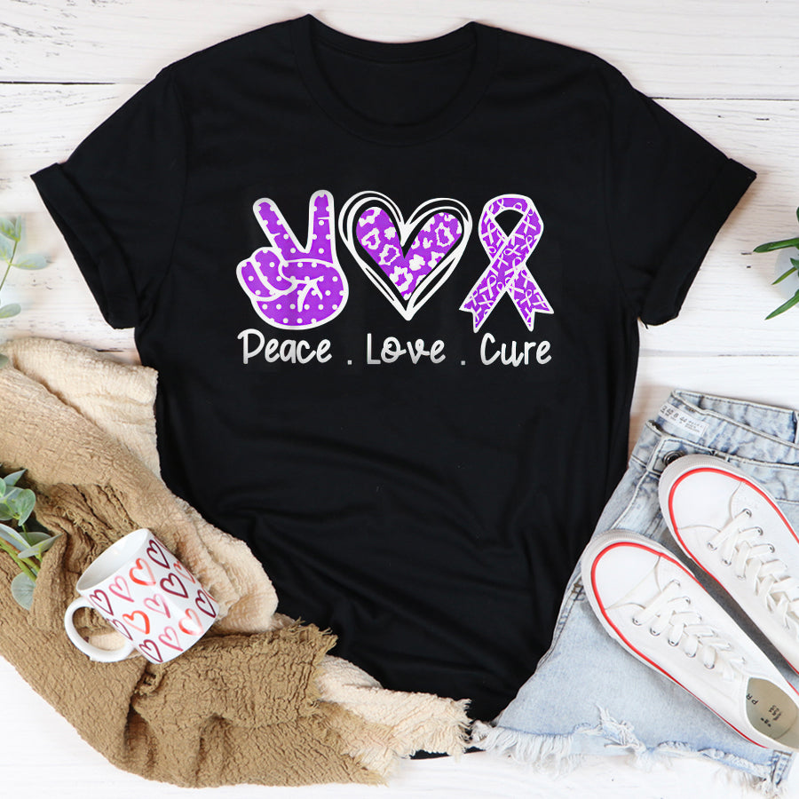In November We Wear Purple Pancreatic Cancer Awareness Peace Love Cure T Shirt , Pancreatic Cancer Awareness Ribbon Day Shirt ,Purple Ribbon Gift